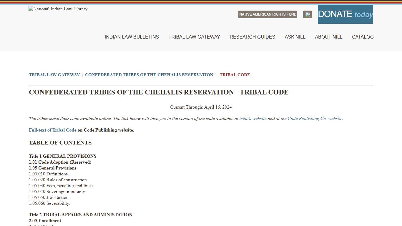 Tribal Code - Confederated Tribes of the Chehalis Reservation; Tribal Law Gateway, National Indian Law Library (NILL)